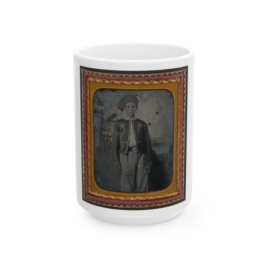 Unidentified Young Soldier In Union Zouave Uniform In Front Of Painted Backdrop Showing A Pavillion At The Edge Of A Lake (U.S. Civil War) White Coffee Mug-15oz-The Sticker Space