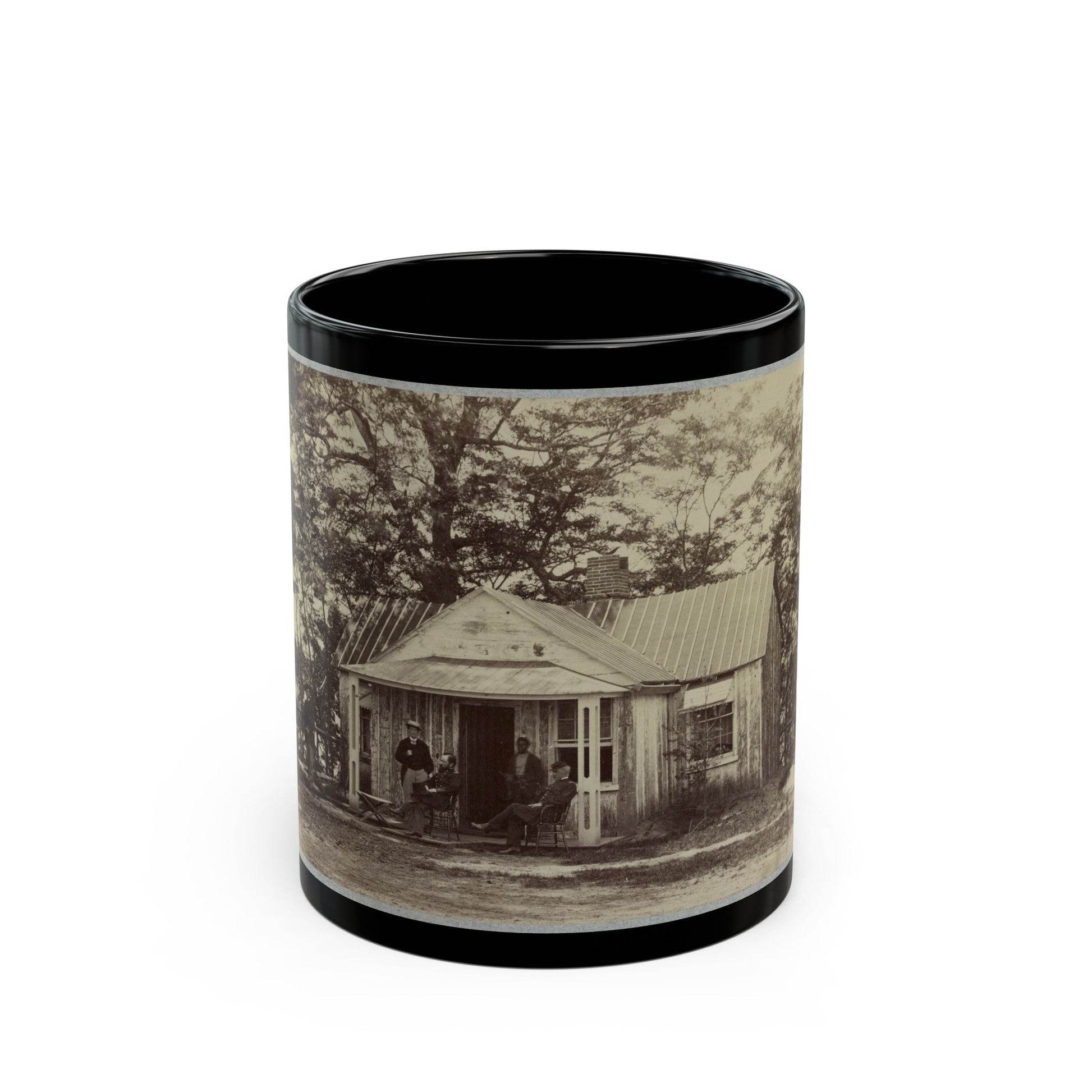 Union Army Soldiers Seated On A Porch With Three Other Men (U.S. Civil War) Black Coffee Mug-11oz-The Sticker Space