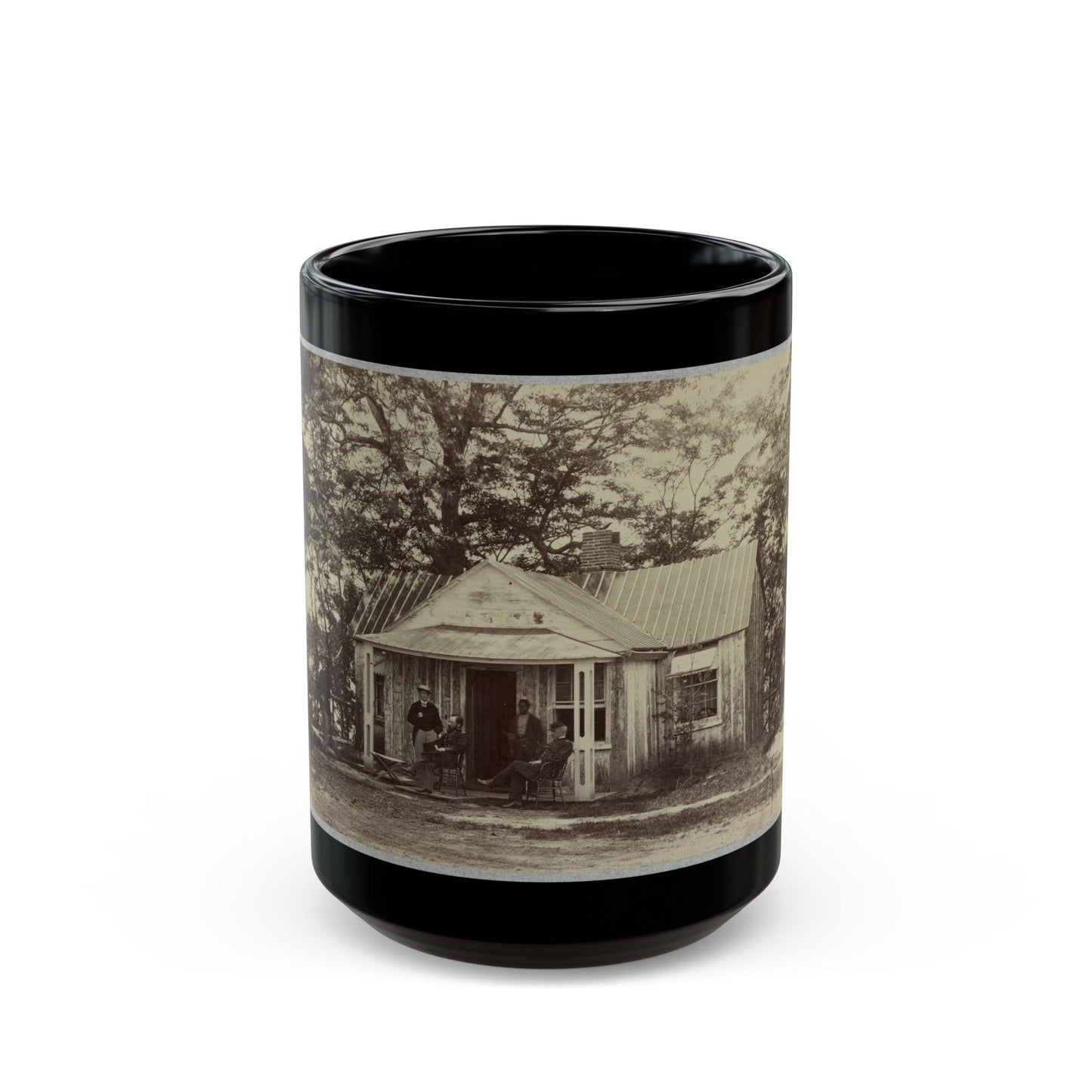 Union Army Soldiers Seated On A Porch With Three Other Men (U.S. Civil War) Black Coffee Mug-15oz-The Sticker Space