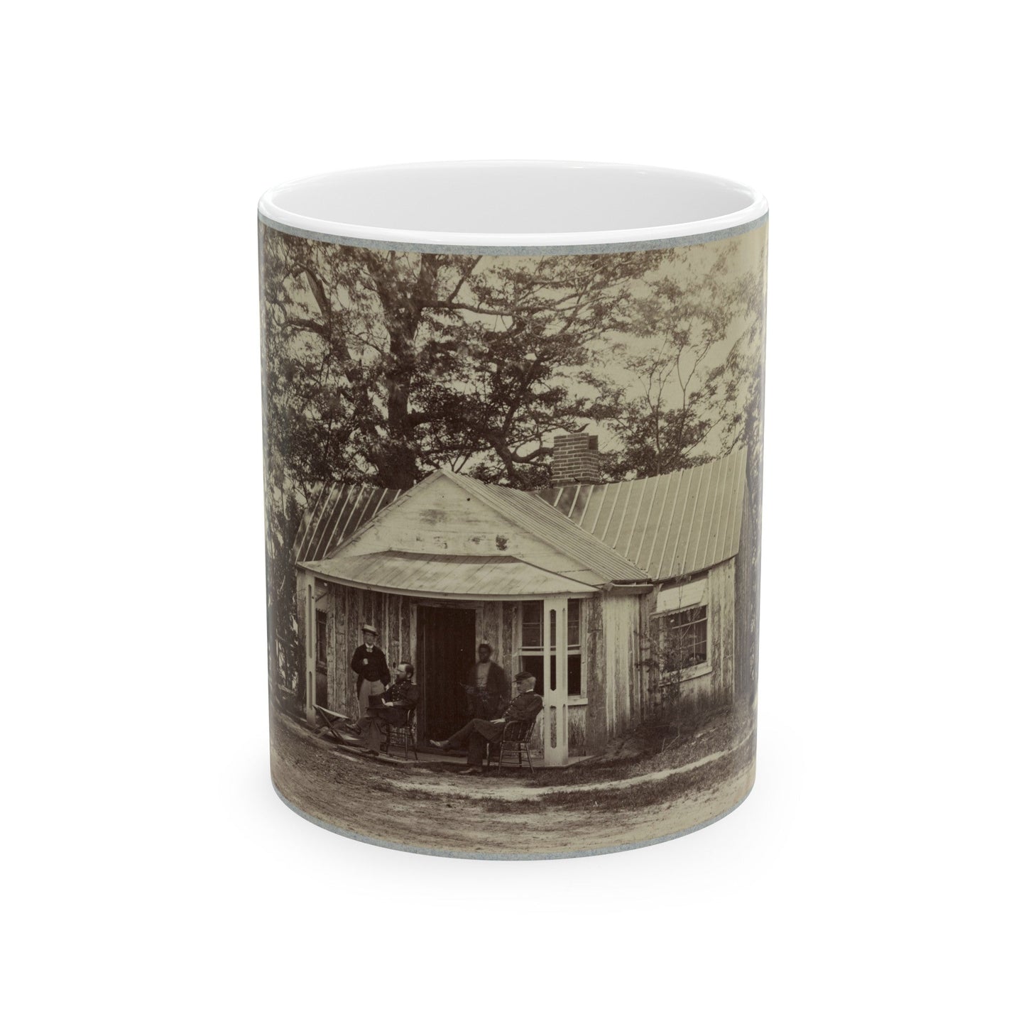 Union Army Soldiers Seated On A Porch With Three Other Men (U.S. Civil War) White Coffee Mug-11oz-The Sticker Space