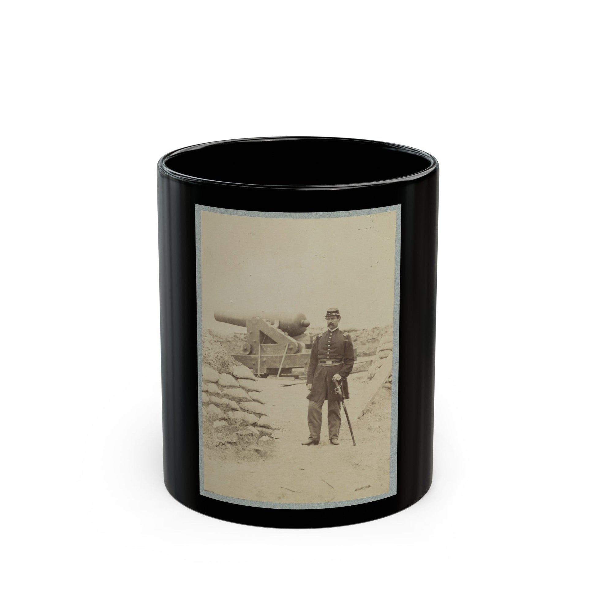 Union Officer Standing In An Unidentified Fort In Front Of A Cannon (U.S. Civil War) Black Coffee Mug-11oz-The Sticker Space