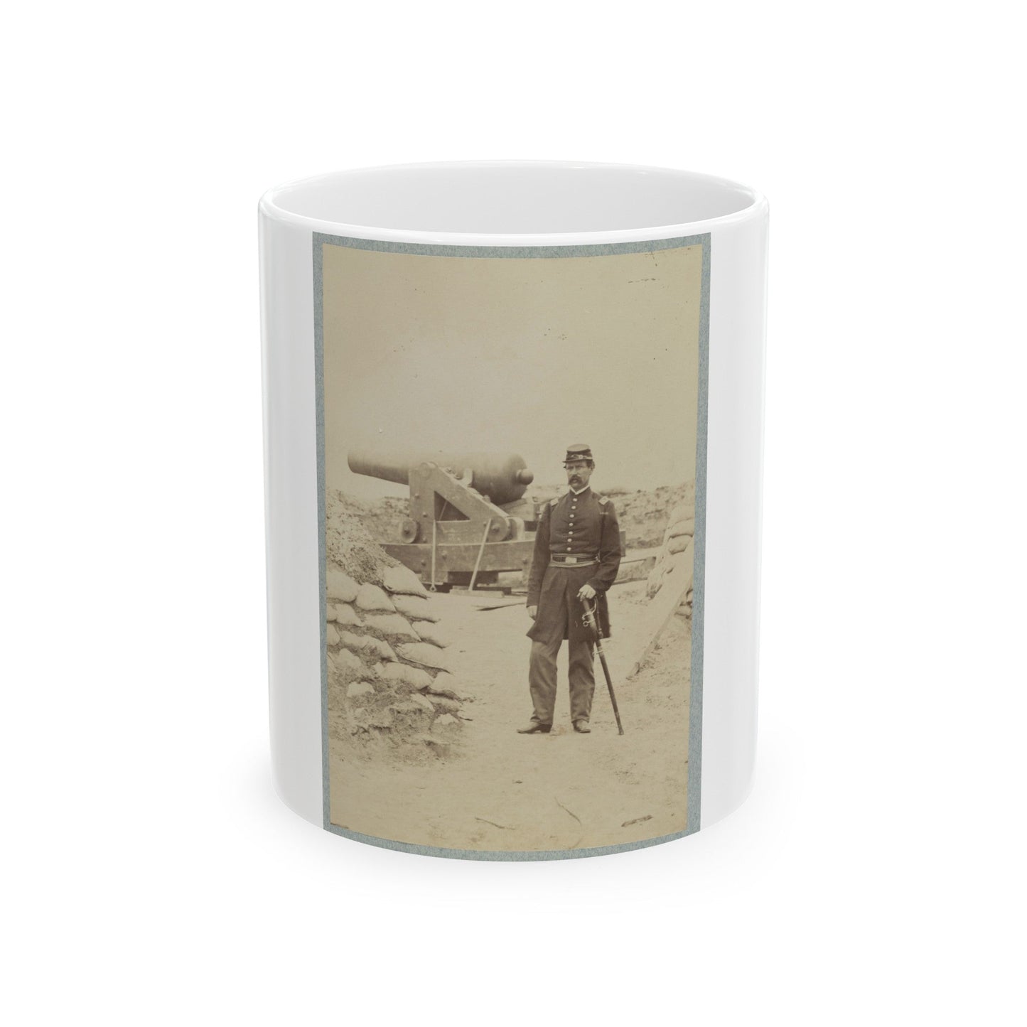 Union Officer Standing In An Unidentified Fort In Front Of A Cannon (U.S. Civil War) White Coffee Mug-11oz-The Sticker Space