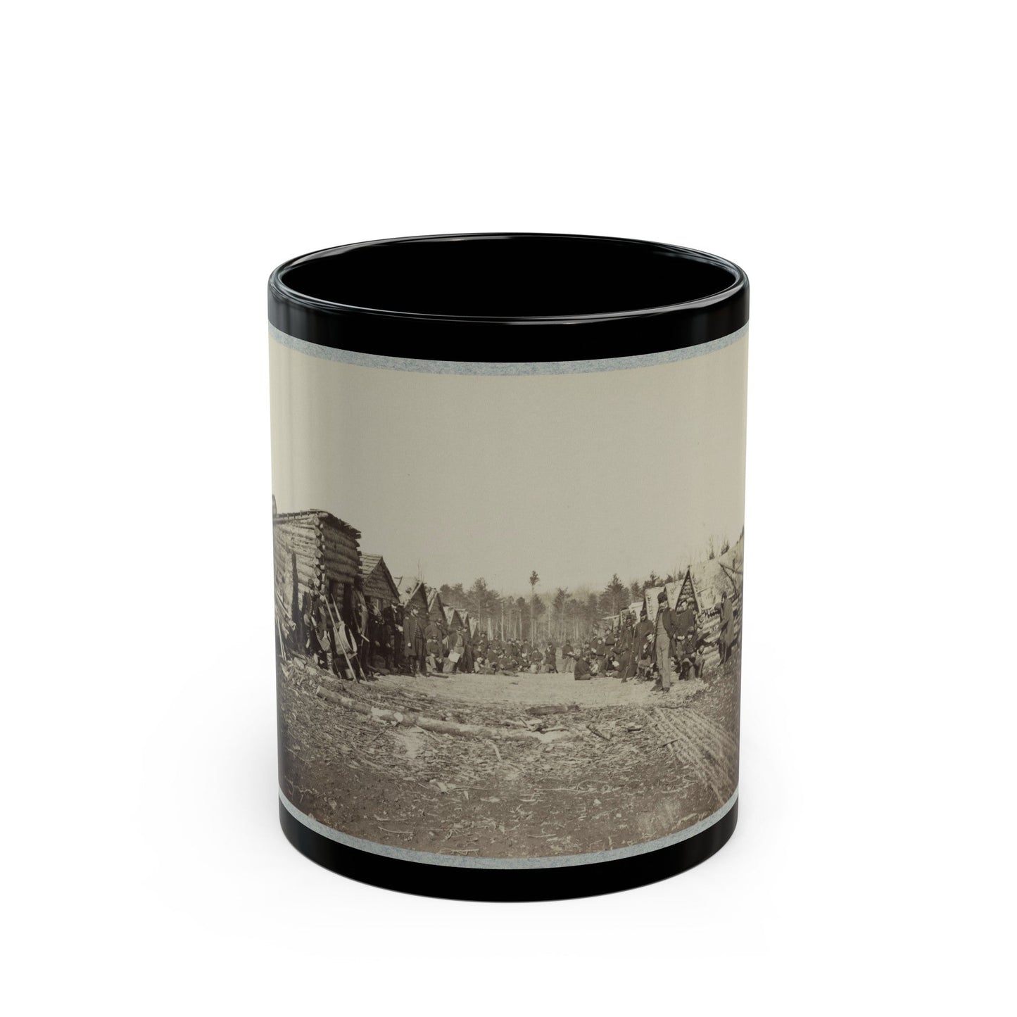 Union Soldiers, In Camp, Posed In Front Of Log Buildings 001 (U.S. Civil War) Black Coffee Mug-11oz-The Sticker Space