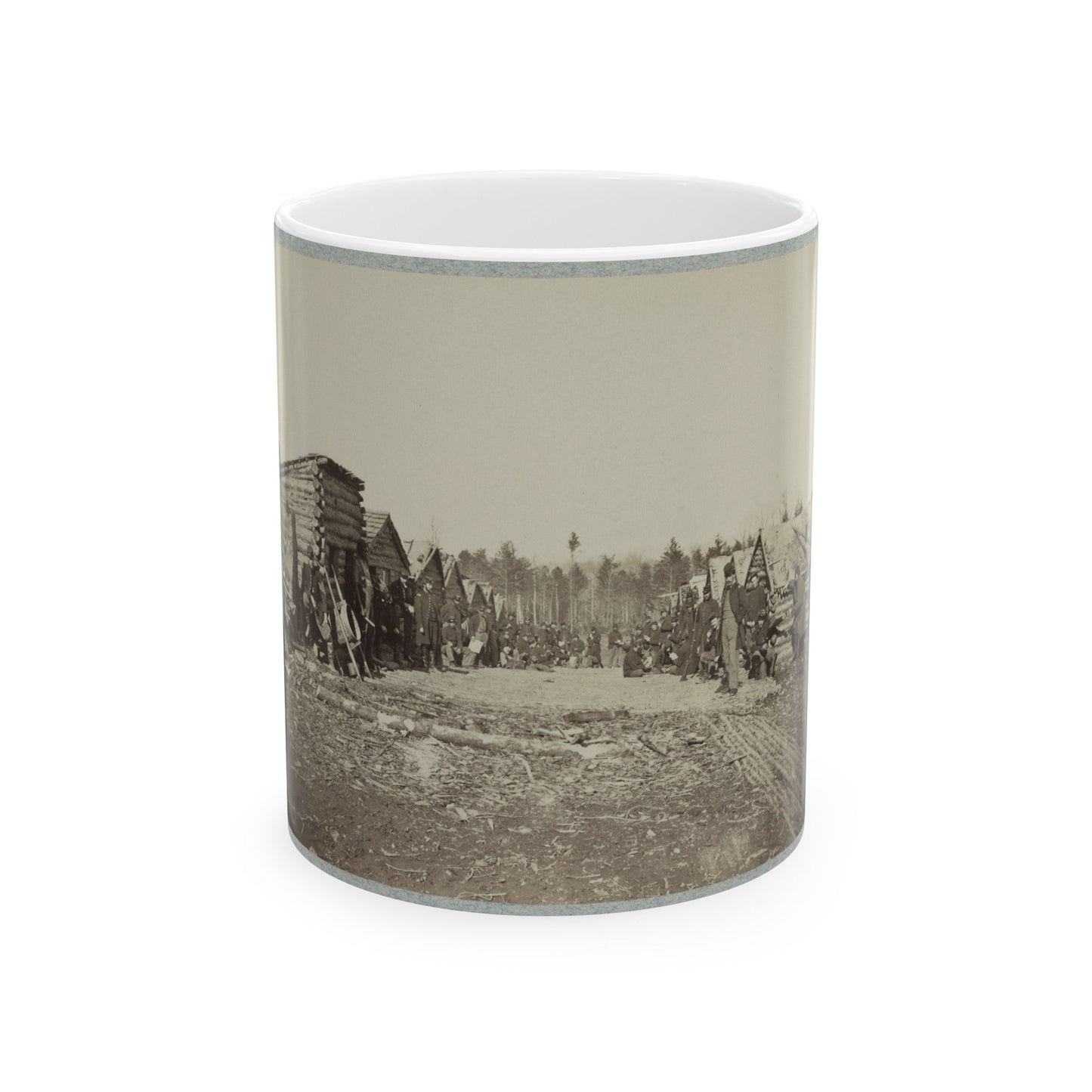 Union Soldiers, In Camp, Posed In Front Of Log Buildings 001 (U.S. Civil War) White Coffee Mug-11oz-The Sticker Space