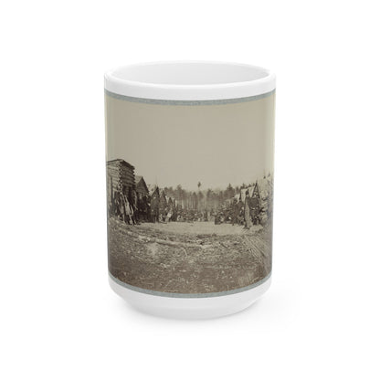 Union Soldiers, In Camp, Posed In Front Of Log Buildings 001 (U.S. Civil War) White Coffee Mug-15oz-The Sticker Space