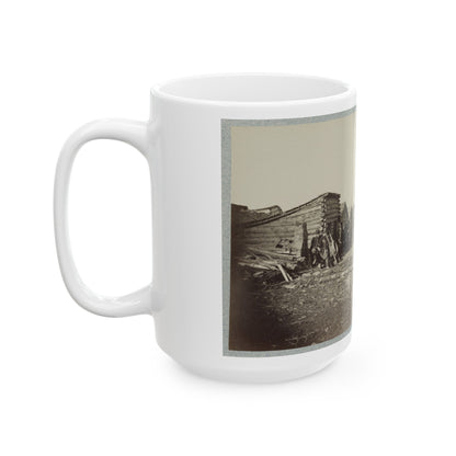 Union Soldiers, In Camp, Posed In Front Of Log Buildings 001 (U.S. Civil War) White Coffee Mug-The Sticker Space