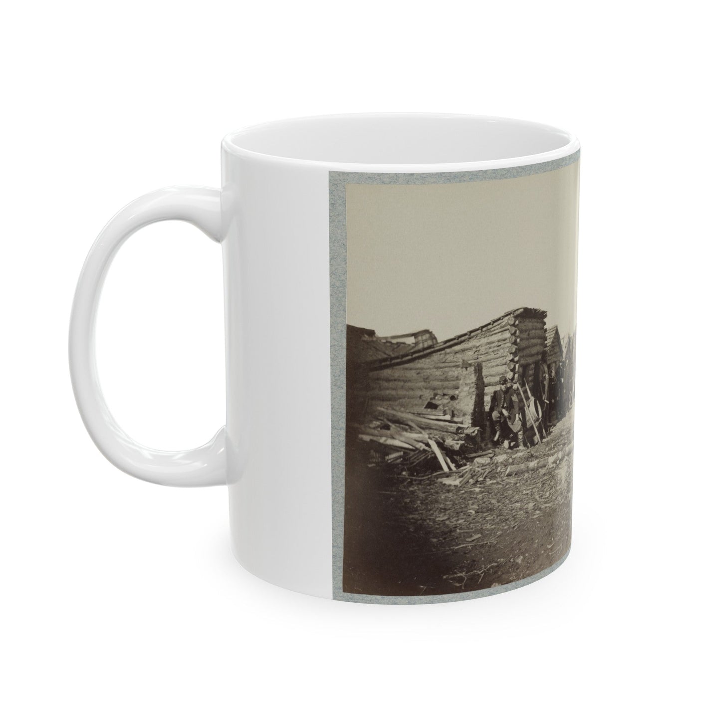 Union Soldiers, In Camp, Posed In Front Of Log Buildings 001 (U.S. Civil War) White Coffee Mug-The Sticker Space