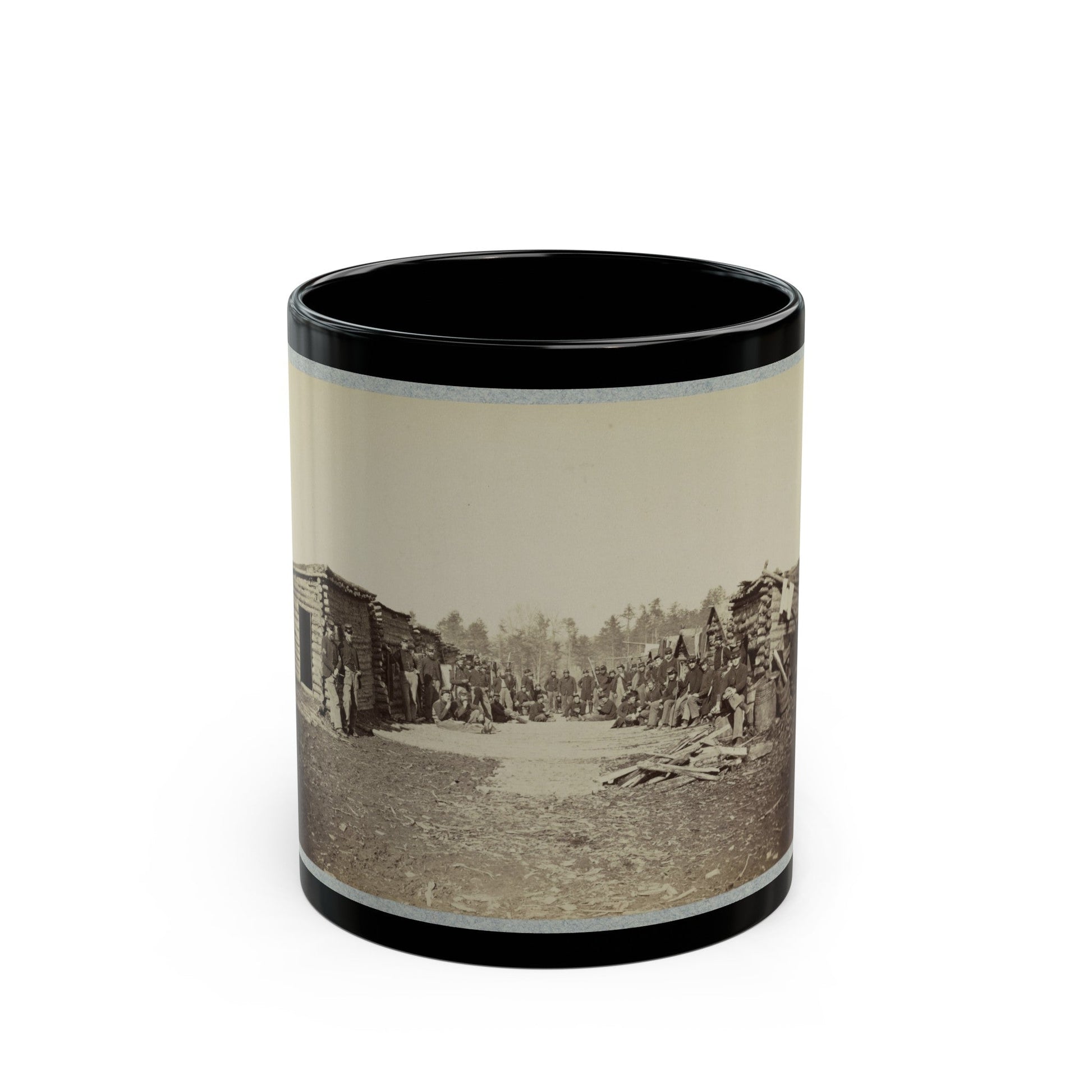 Union Soldiers, In Camp, Posed In Front Of Log Buildings (U.S. Civil War) Black Coffee Mug-11oz-The Sticker Space