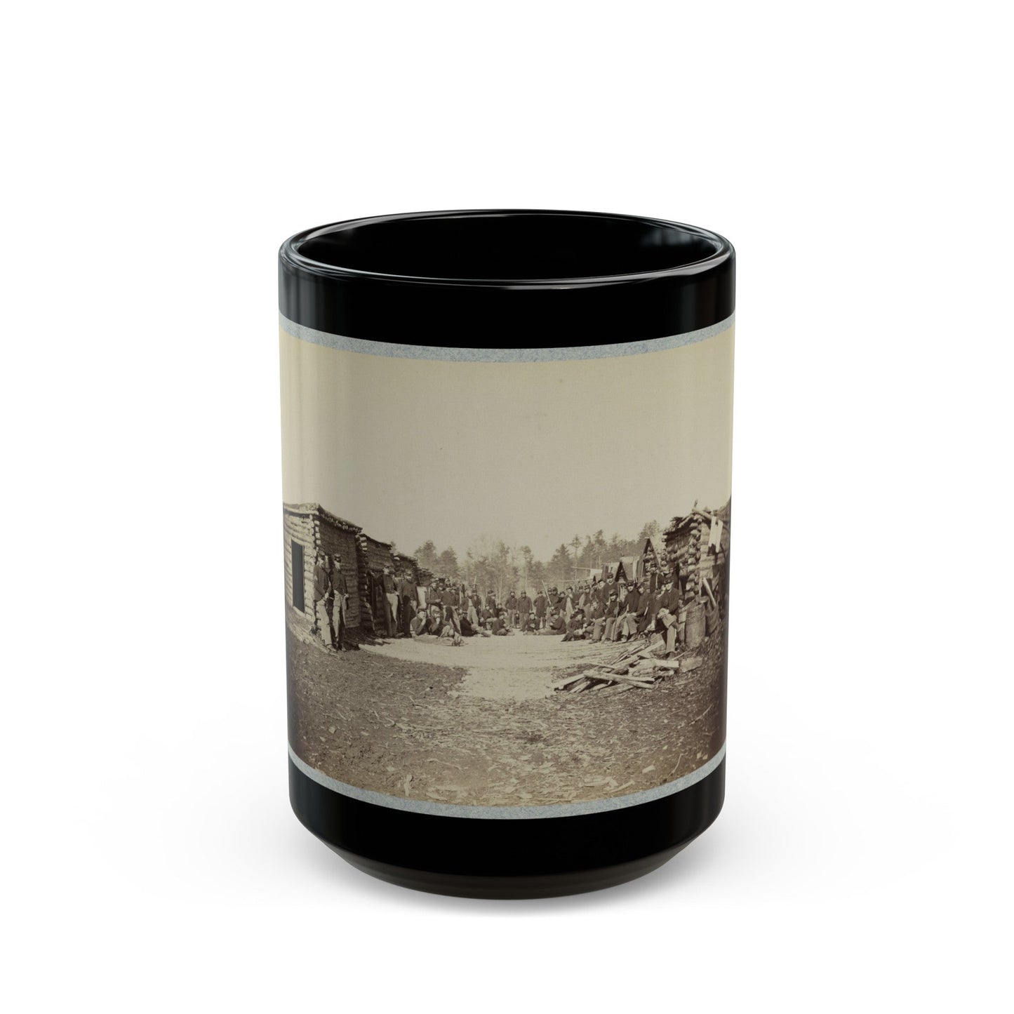 Union Soldiers, In Camp, Posed In Front Of Log Buildings (U.S. Civil War) Black Coffee Mug-15oz-The Sticker Space