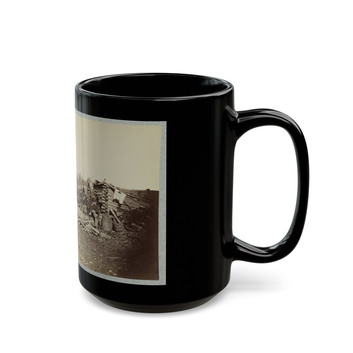 Union Soldiers, In Camp, Posed In Front Of Log Buildings (U.S. Civil War) Black Coffee Mug-The Sticker Space