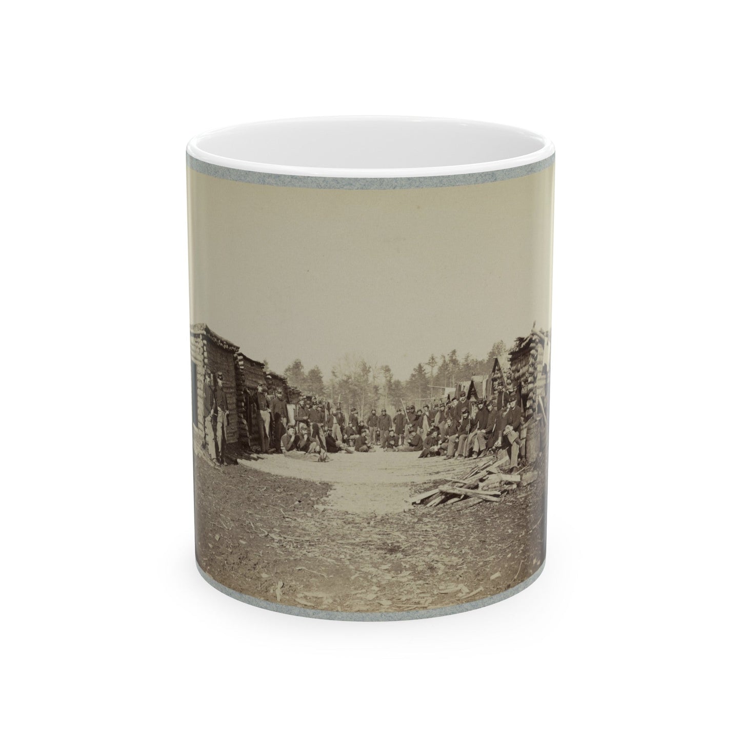 Union Soldiers, In Camp, Posed In Front Of Log Buildings (U.S. Civil War) White Coffee Mug-11oz-The Sticker Space