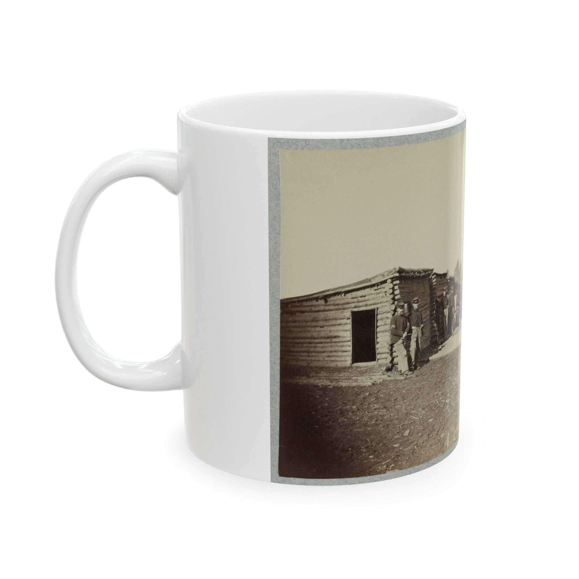 Union Soldiers, In Camp, Posed In Front Of Log Buildings (U.S. Civil War) White Coffee Mug-The Sticker Space