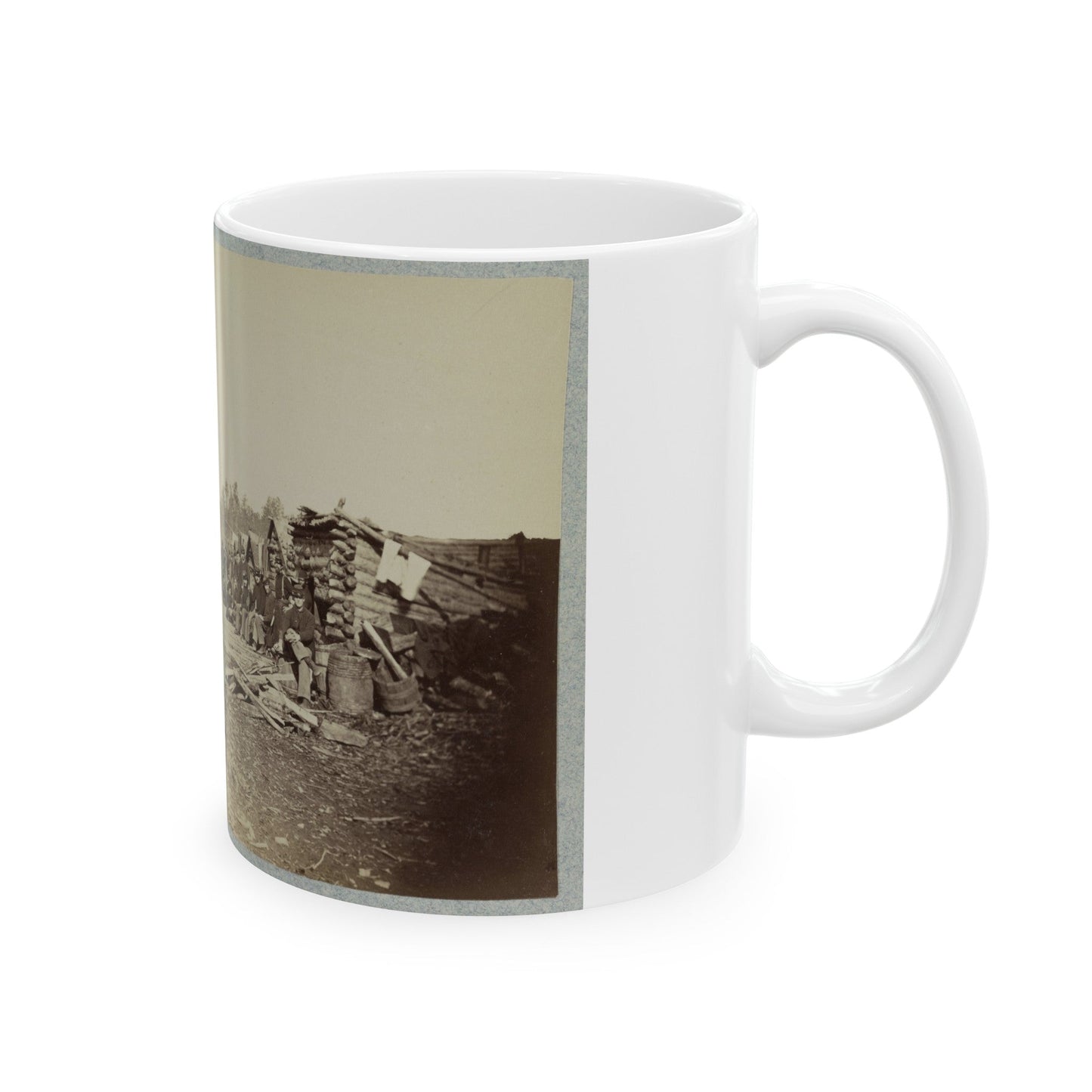 Union Soldiers, In Camp, Posed In Front Of Log Buildings (U.S. Civil War) White Coffee Mug-The Sticker Space