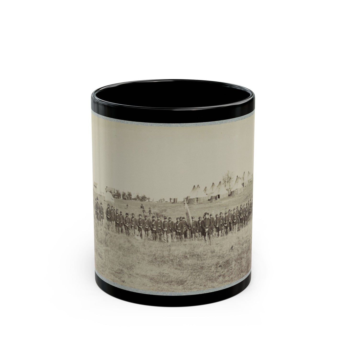 Union Soldiers Lined Up In The Field With Tents In The Background (U.S. Civil War) Black Coffee Mug-11oz-The Sticker Space