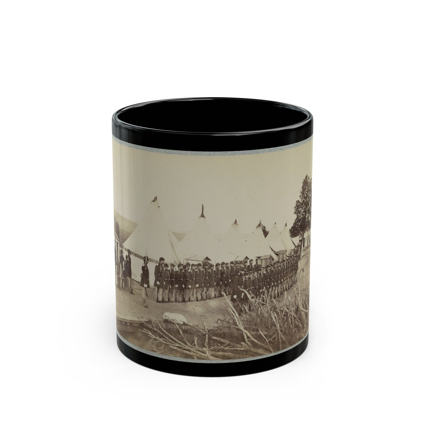 Union Soldiers Lined Up In Two Rows In Front Of Tents (U.S. Civil War) Black Coffee Mug-11oz-The Sticker Space