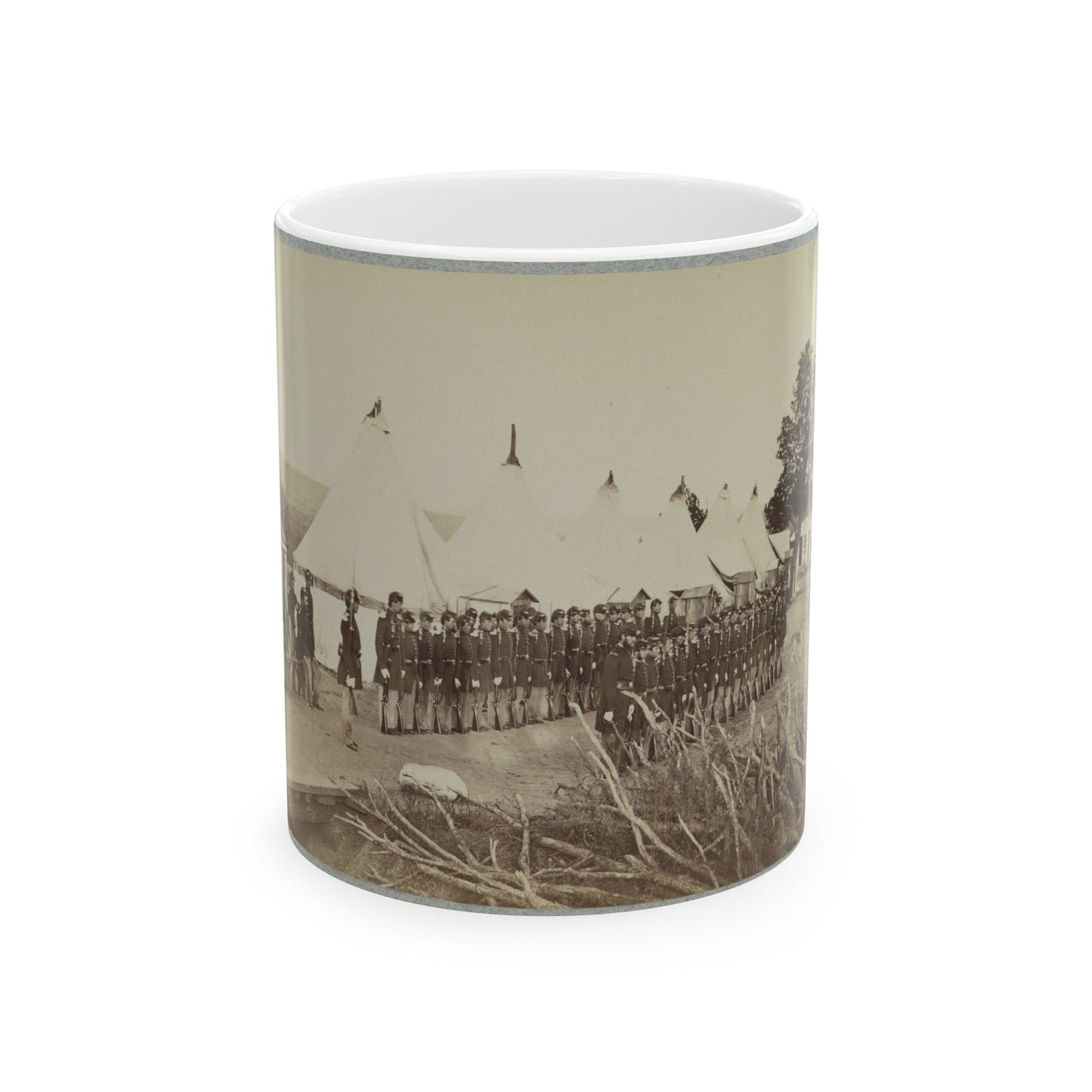 Union Soldiers Lined Up In Two Rows In Front Of Tents (U.S. Civil War) White Coffee Mug-11oz-The Sticker Space