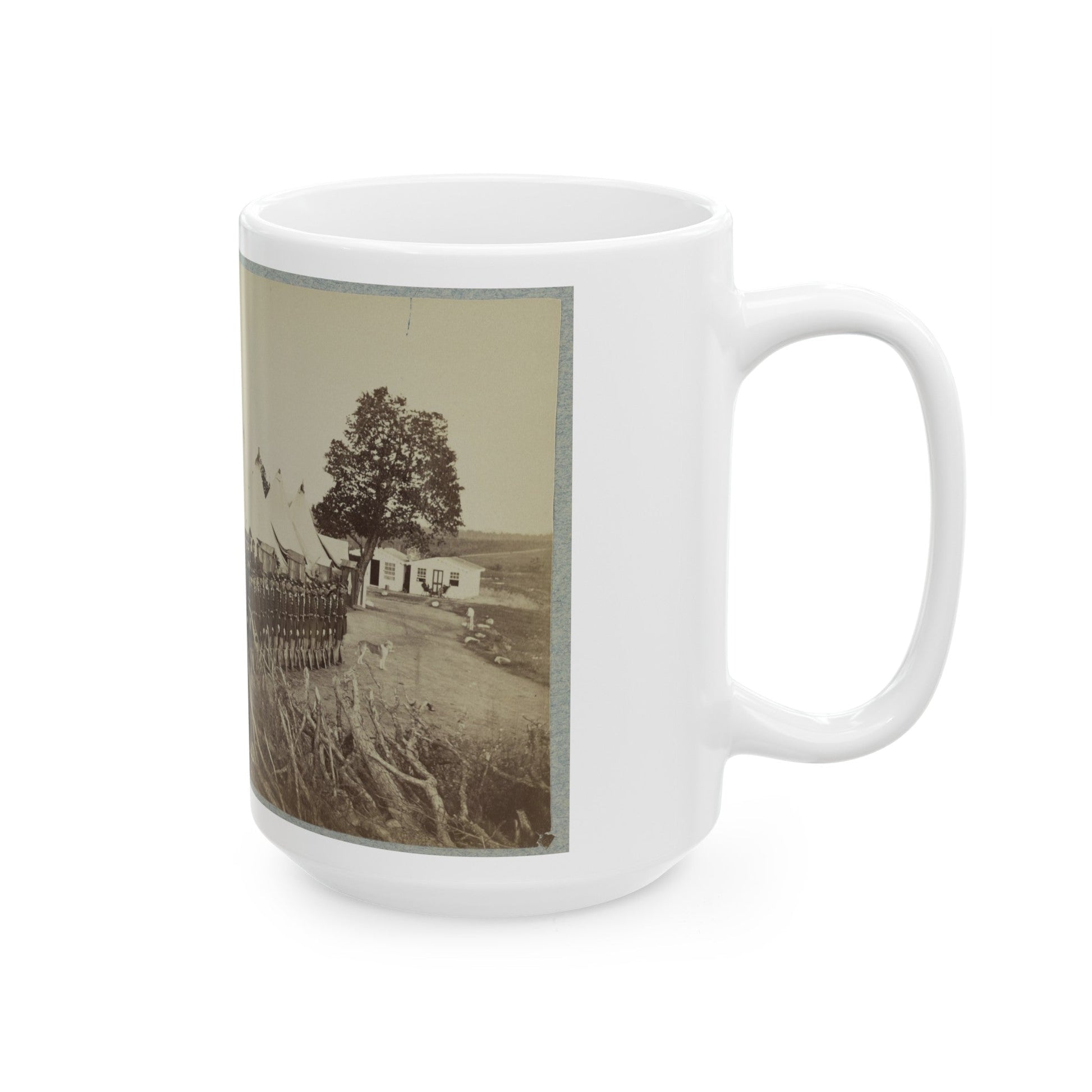 Union Soldiers Lined Up In Two Rows In Front Of Tents (U.S. Civil War) White Coffee Mug-The Sticker Space