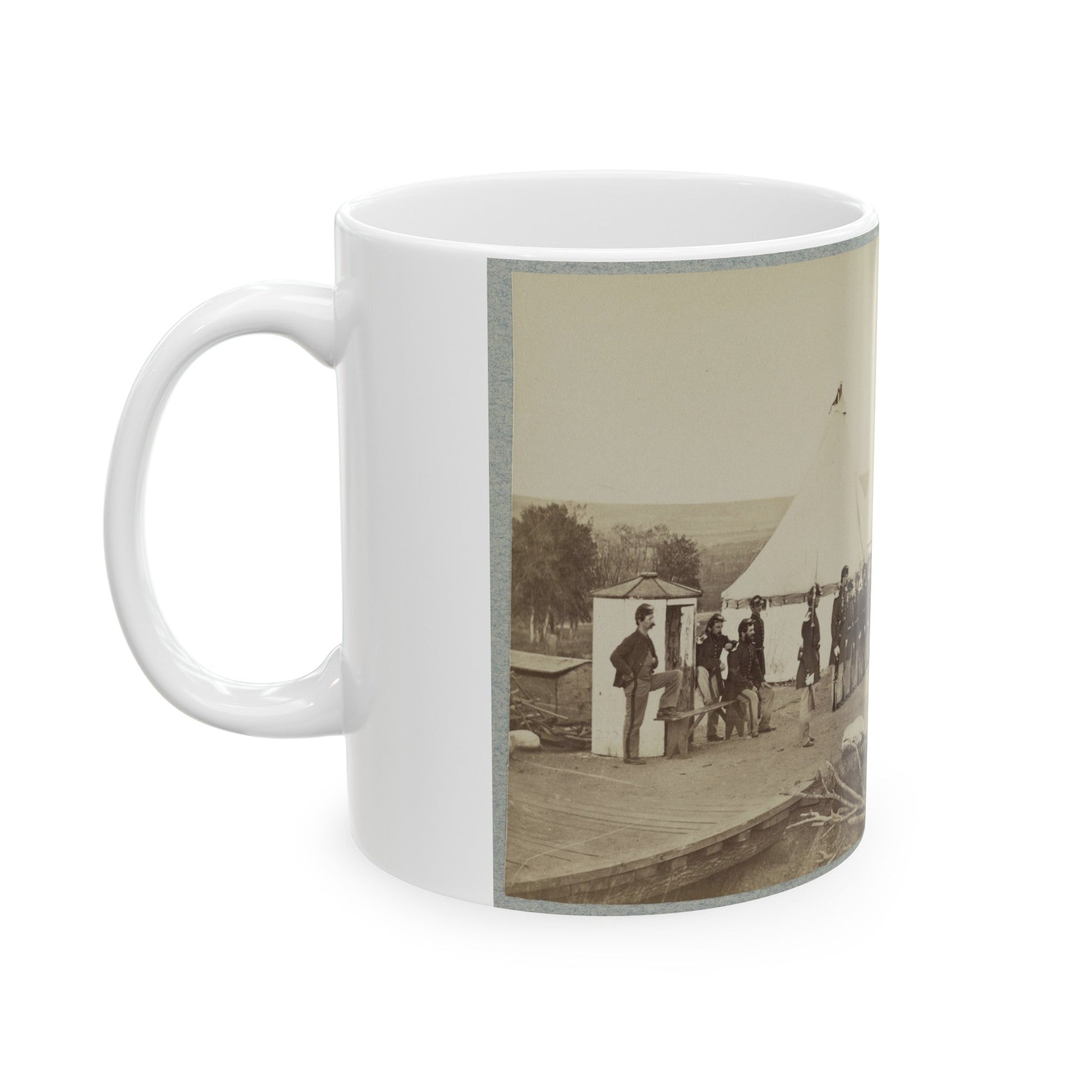 Union Soldiers Lined Up In Two Rows In Front Of Tents (U.S. Civil War) White Coffee Mug-The Sticker Space