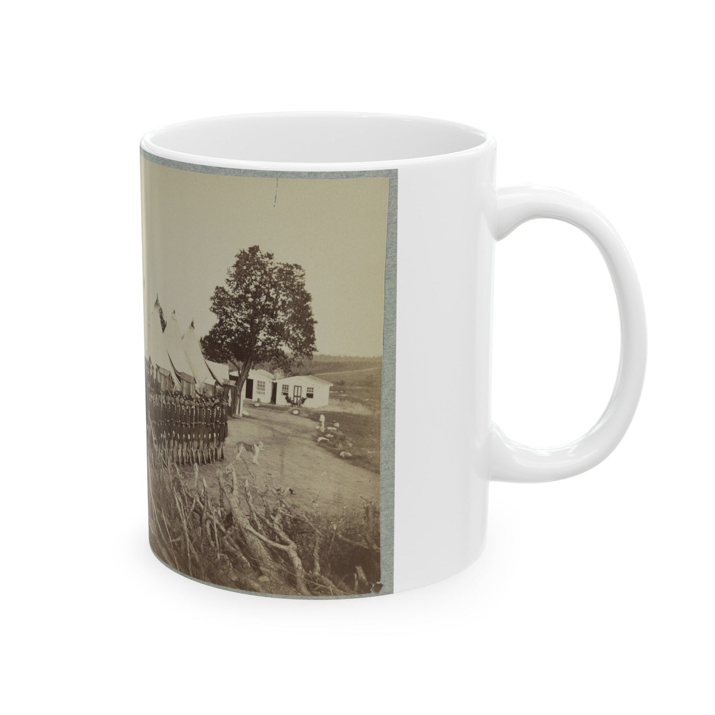 Union Soldiers Lined Up In Two Rows In Front Of Tents (U.S. Civil War) White Coffee Mug-The Sticker Space