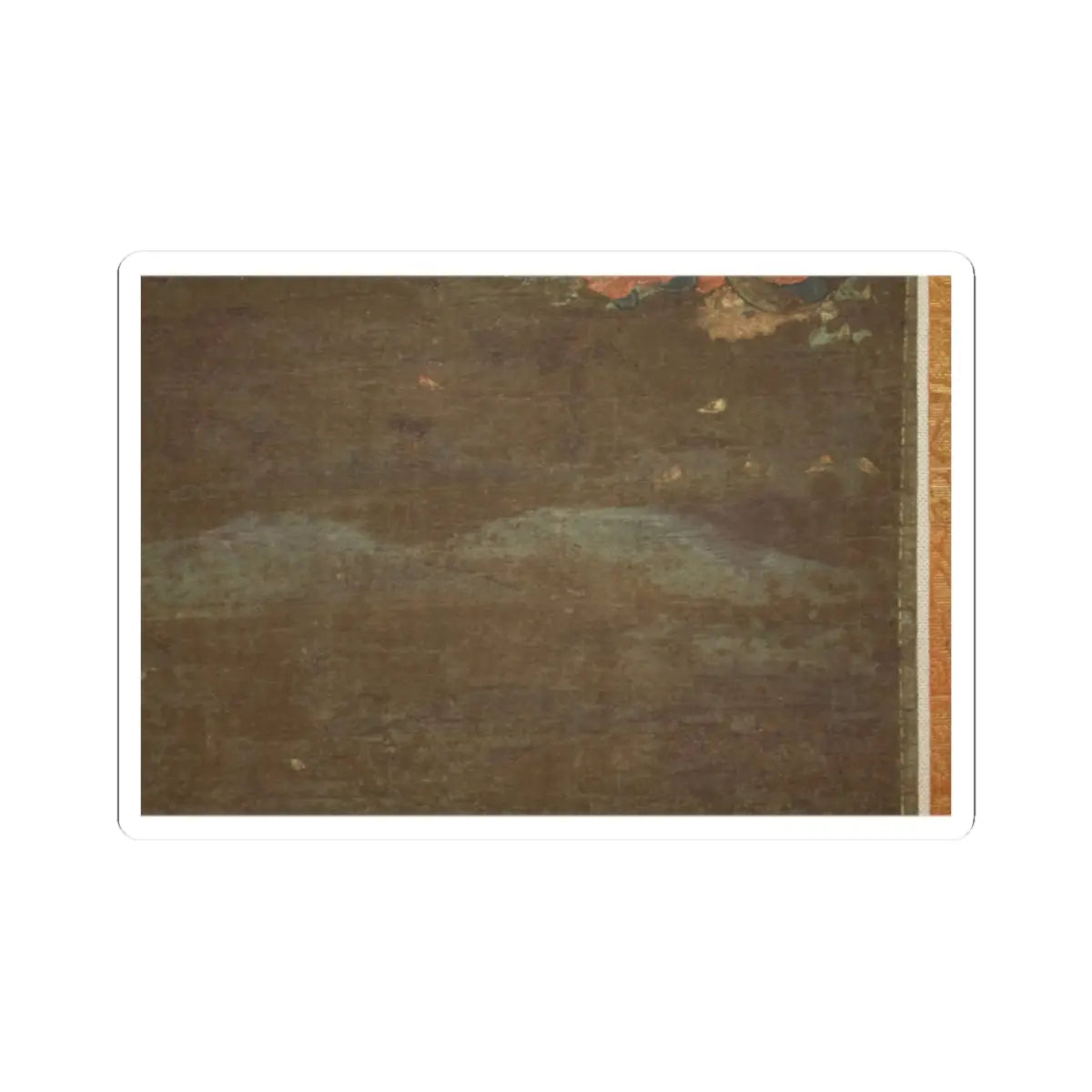 Close-up of faded brown silk with pale teal hills and a gold brocade border along the right edge.