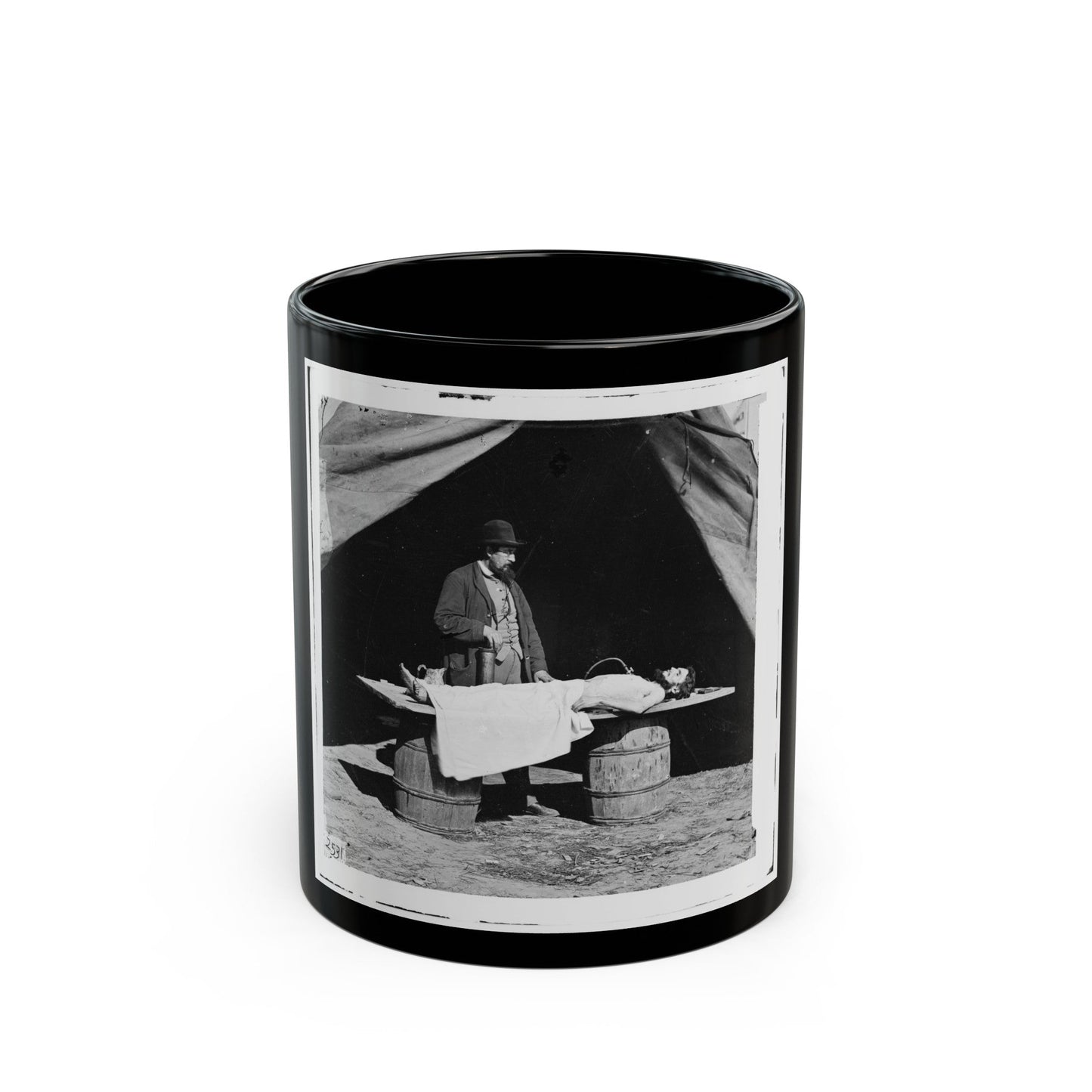 Unknown Location. Embalming Surgeon At Work On Soldier's Body (U.S. Civil War) Black Coffee Mug-11oz-The Sticker Space