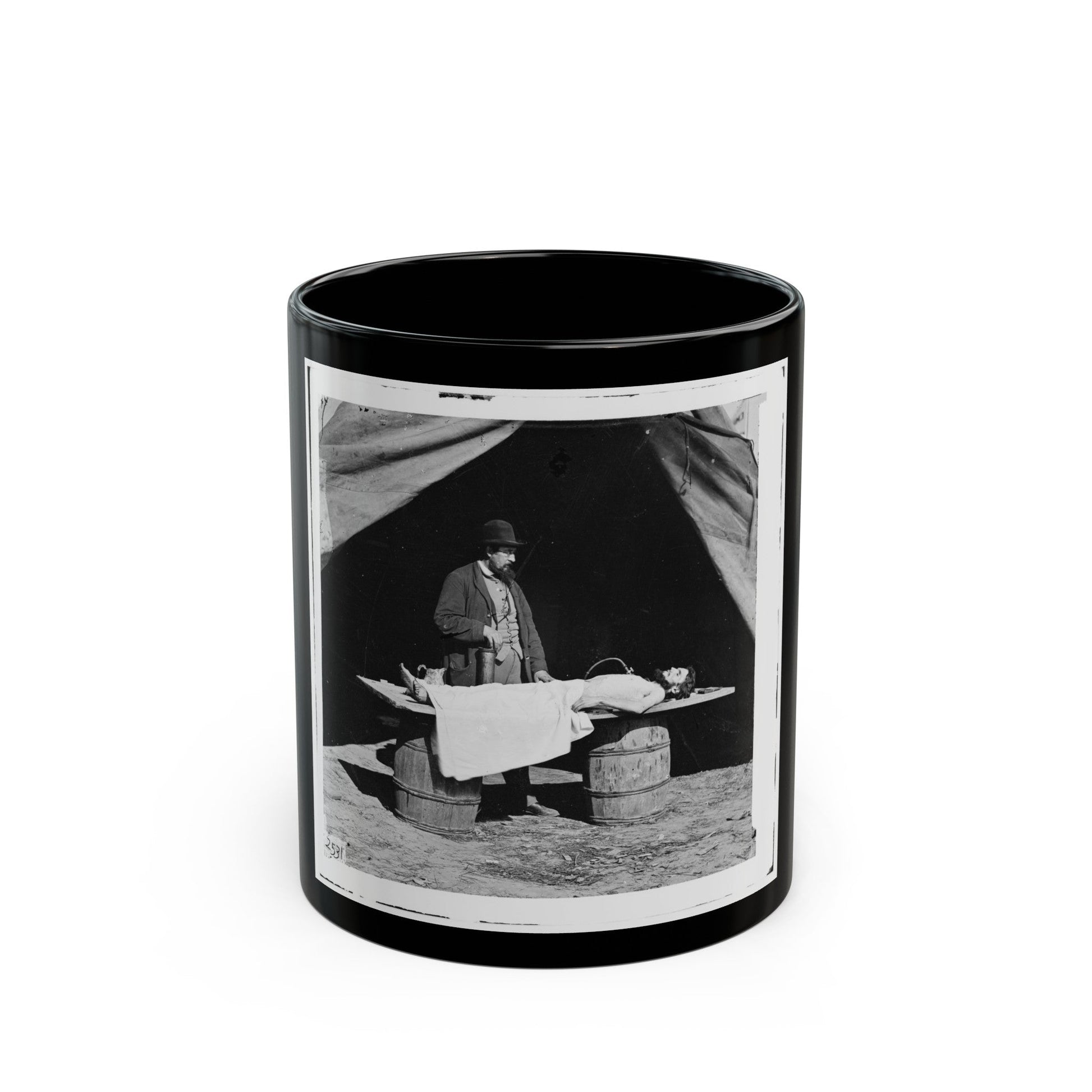 Unknown Location. Embalming Surgeon At Work On Soldier's Body (U.S. Civil War) Black Coffee Mug-11oz-The Sticker Space