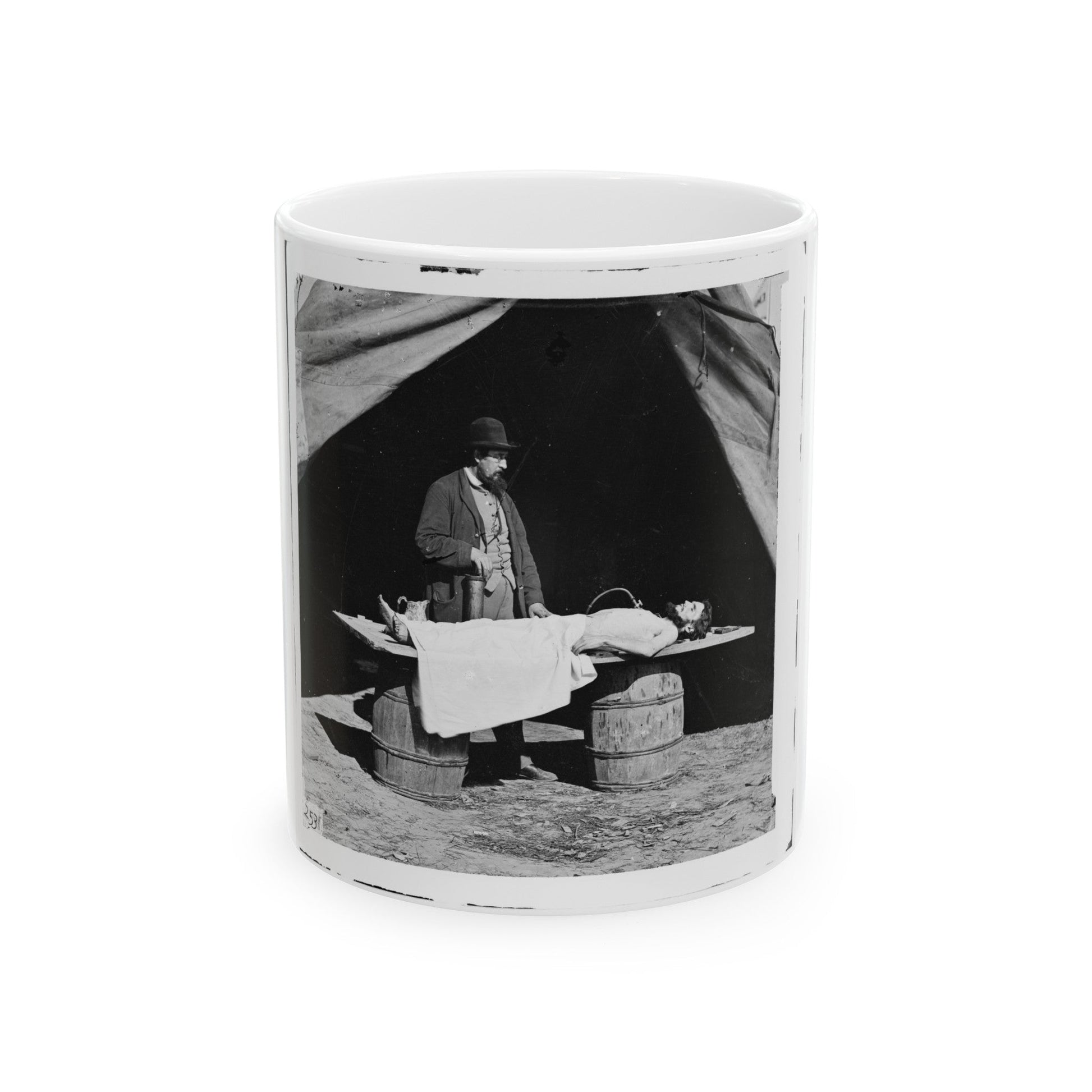 Unknown Location. Embalming Surgeon At Work On Soldier's Body (U.S. Civil War) White Coffee Mug-11oz-The Sticker Space