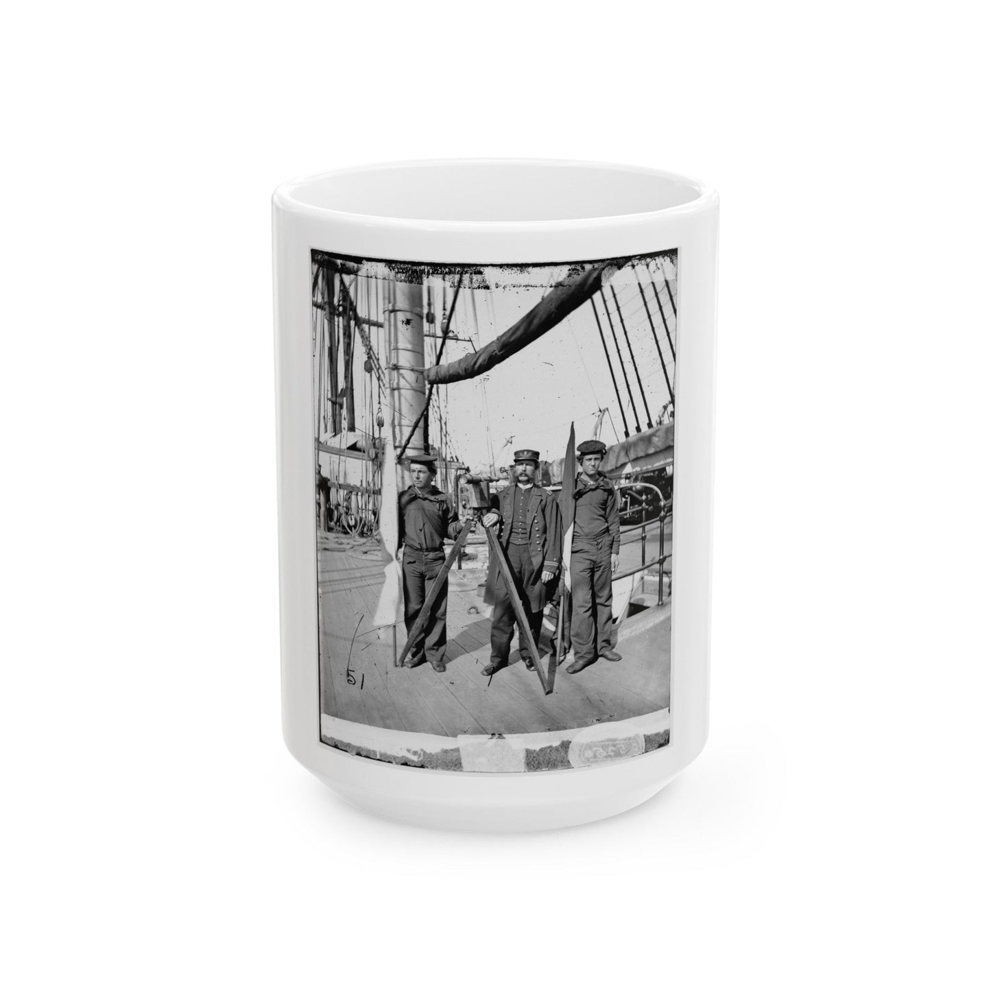 Unknown Location. Signalmen Of Rear Admiral John A. Dahlgren's Flagship Receiving A Message From The Georgia Shore (U.S. Civil War) White Coffee Mug-15oz-The Sticker Space