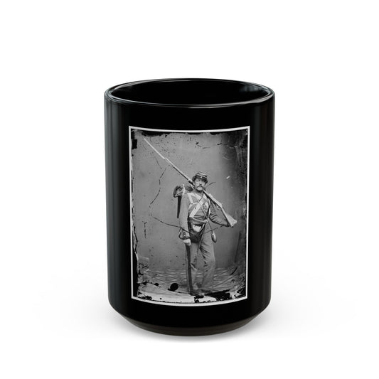 Unknown Location. Unidentified Union Volunteer With Shouldered Rifle And Bayonet In Photographer's Studio (U.S. Civil War) Black Coffee Mug-15oz-The Sticker Space