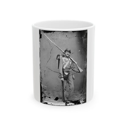 Unknown Location. Unidentified Union Volunteer With Shouldered Rifle And Bayonet In Photographer's Studio (U.S. Civil War) White Coffee Mug-11oz-The Sticker Space