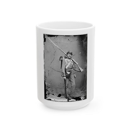 Unknown Location. Unidentified Union Volunteer With Shouldered Rifle And Bayonet In Photographer's Studio (U.S. Civil War) White Coffee Mug-15oz-The Sticker Space