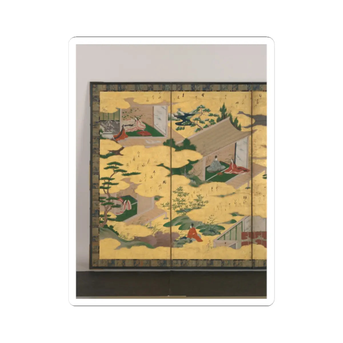 Gold-leaf Japanese folding screen with courtiers in pavilions, a pine tree and a seated figure among gold clouds.
