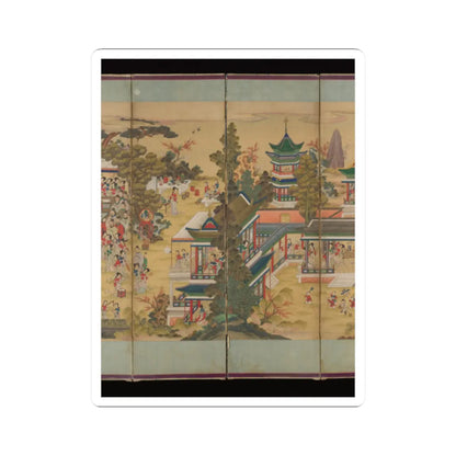 Folding screen panels showing a Chinese palace garden with pavilions, a green pagoda, courtiers and children at play.