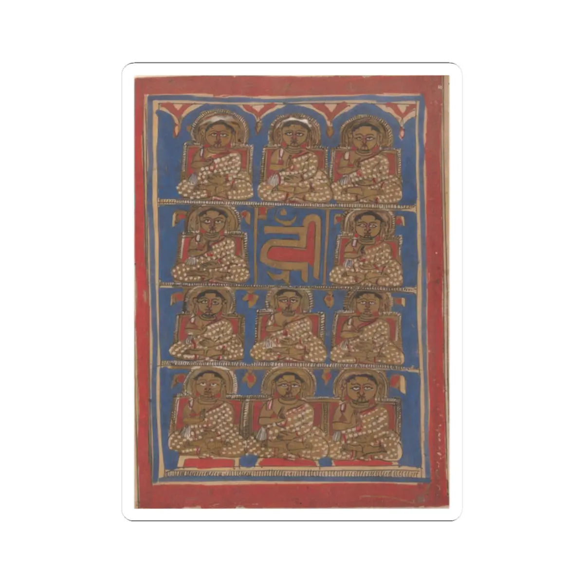 Manuscript painting of eleven seated haloed figures in dotted robes around a central gold symbol on a blue panel.