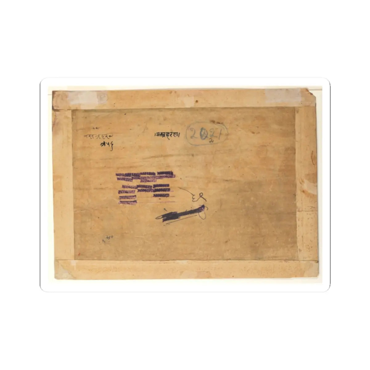 Back of a tan paper mount with handwritten Devanagari notes, an oval numbered stamp and purple ink marks.