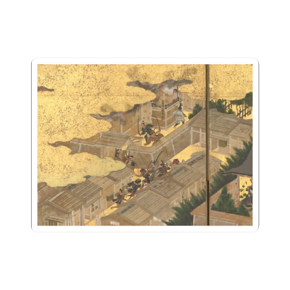 Gold-leaf painting of armoured archers at a compound wall above a district of tiled rooftops and pine trees.