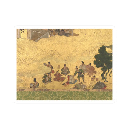 Gold-leaf painting of samurai in armour gathered beside a pine tree, one standing over a fallen figure on the ground.