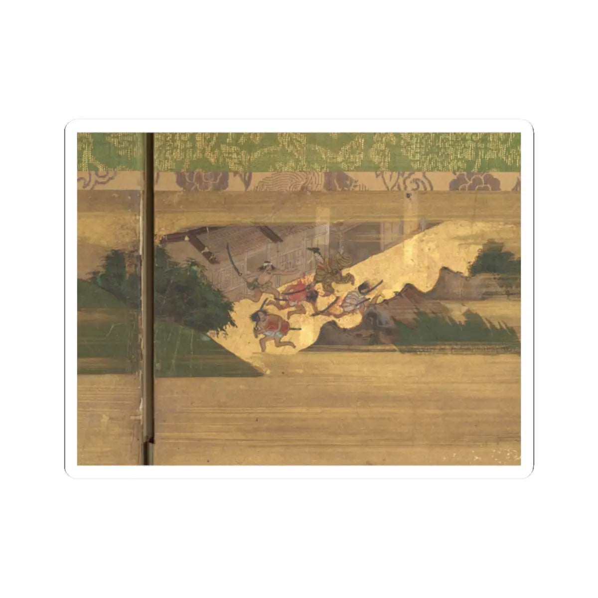 Gold-leaf screen painting of small swordsmen fighting on a path beside a wooden lattice building and pine trees.