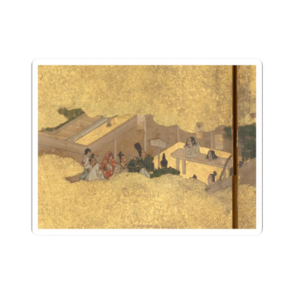 Japanese gold-leaf screen with seated courtiers on a veranda beside a table holding a lacquered box and heads.