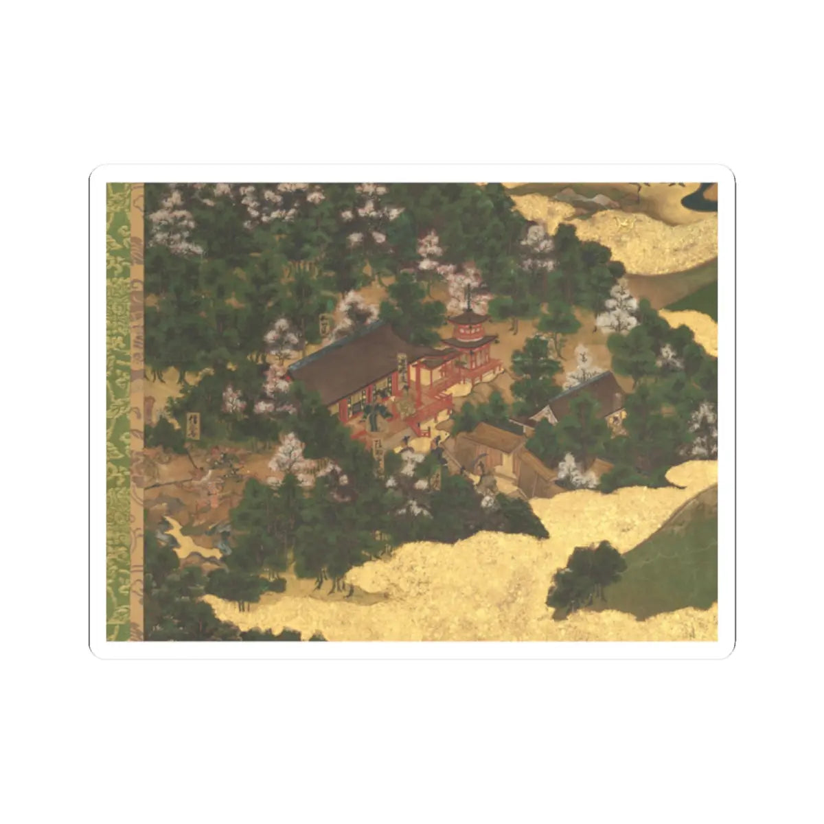 Japanese painting of a red-pillared shrine and pagoda among pines and cherry blossoms beneath gold clouds.