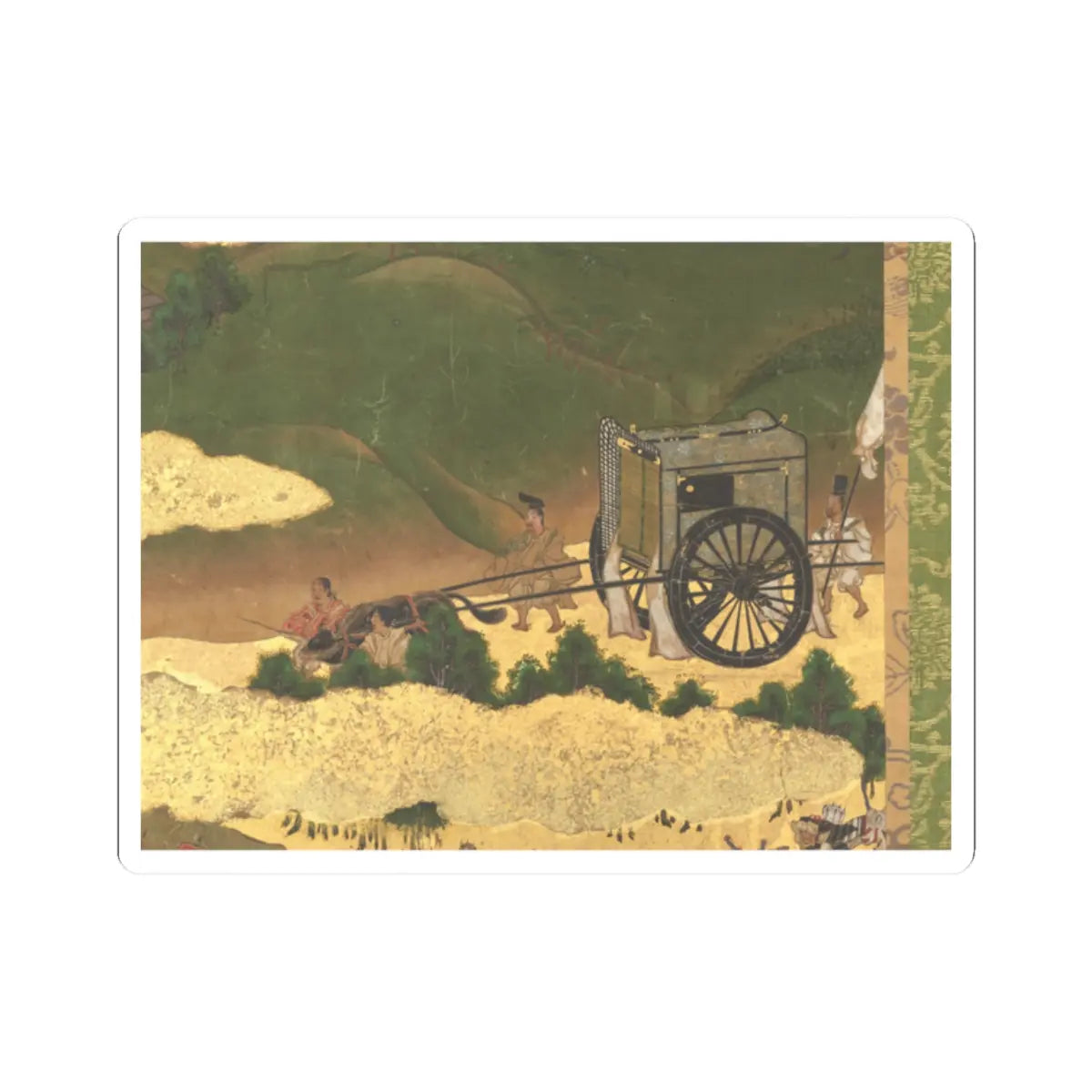 Japanese painting of a black lacquered ox-drawn carriage and attendants on a green hillside above a gold ground.