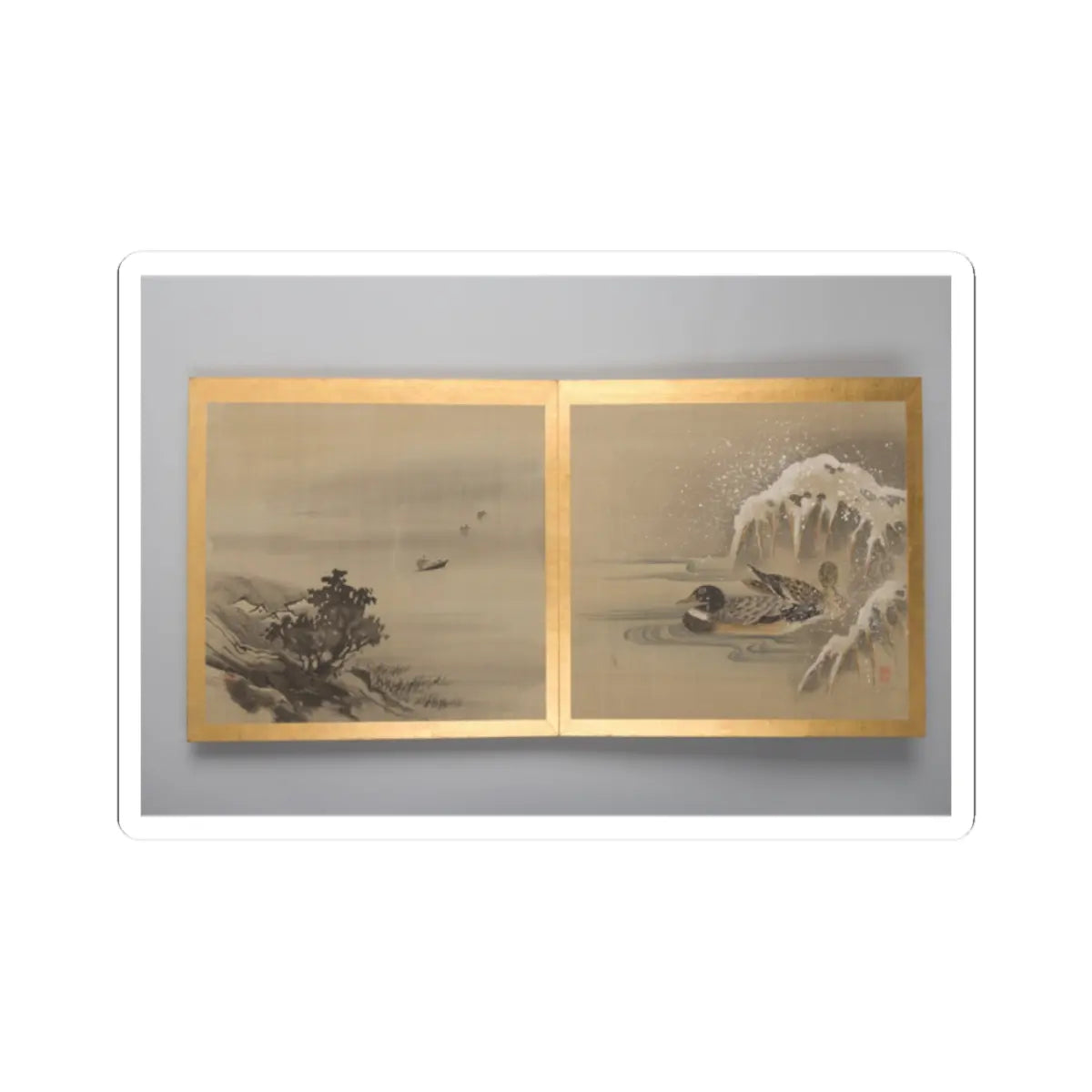 Two-panel silk painting of a misty lake with a small boat, and ducks by snow-covered rocks, framed in gold.