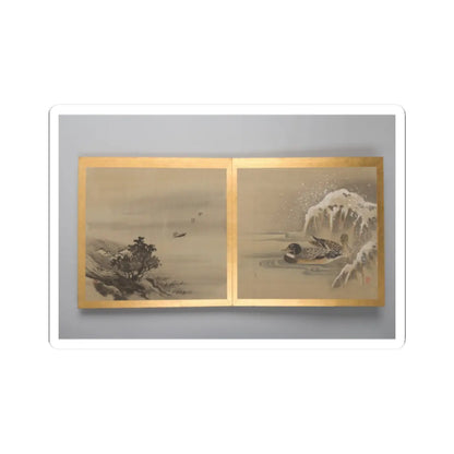 Two-panel silk painting of a misty lake with a small boat, and ducks by snow-covered rocks, framed in gold.