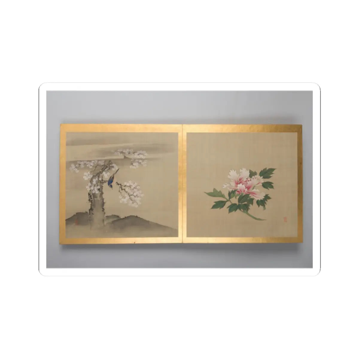 Two-panel silk painting of a blossoming tree with a small blue bird on the left and a pink peony on the right.