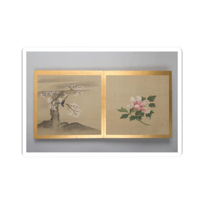 Two-panel silk painting of a blossoming tree with a small blue bird on the left and a pink peony on the right.