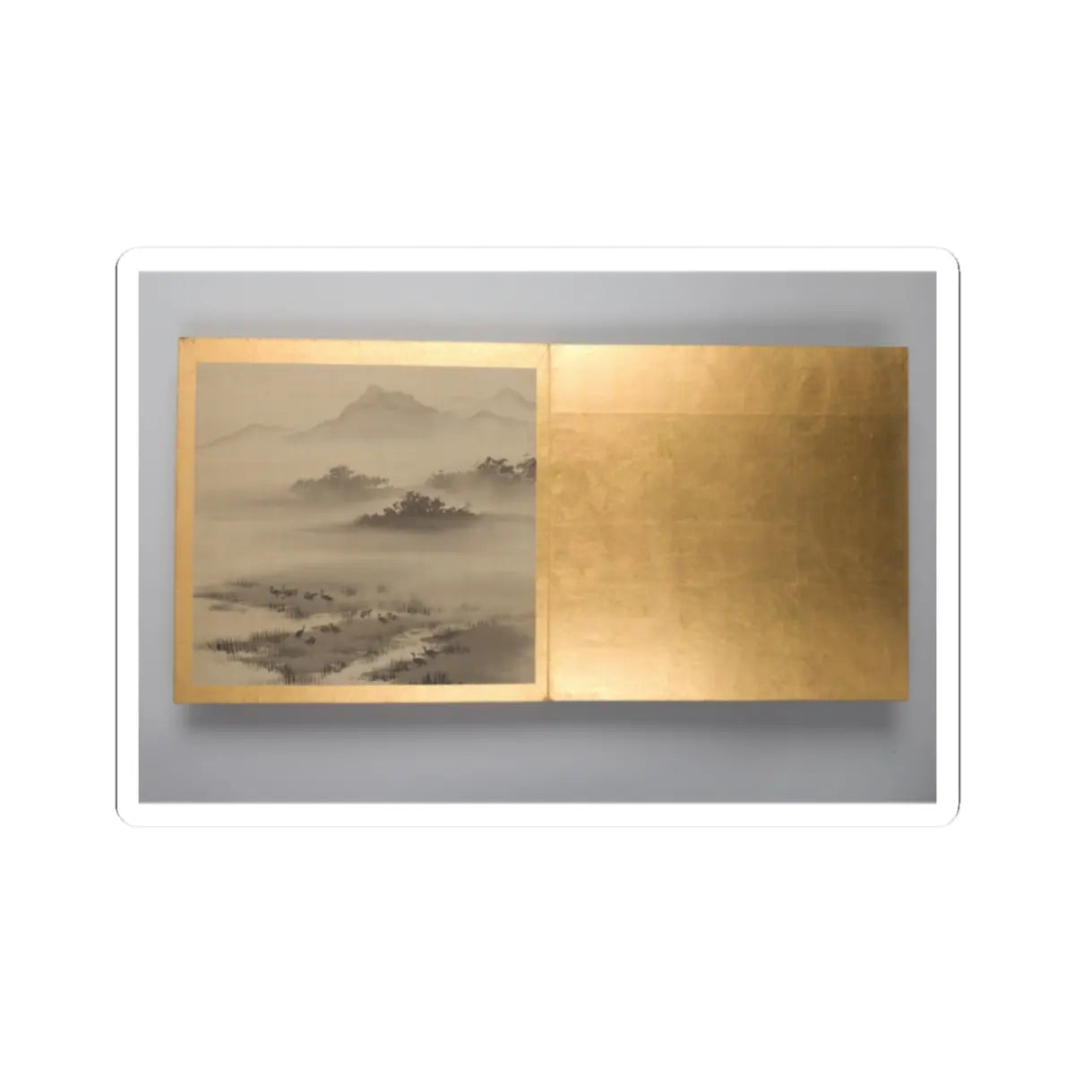 Two-panel ink painting on silk of misty mountains and a reed marsh with waterfowl, beside a blank gold-leaf panel.