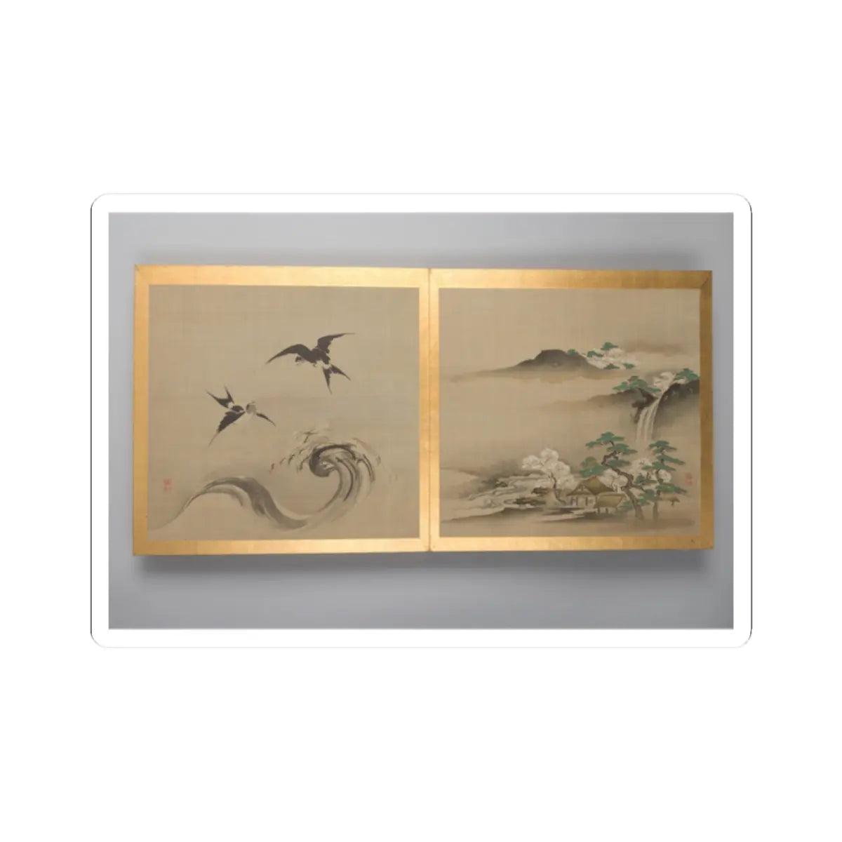 Two-panel silk painting of swallows over a curling wave on the left, and a thatched house by a stream on the right.