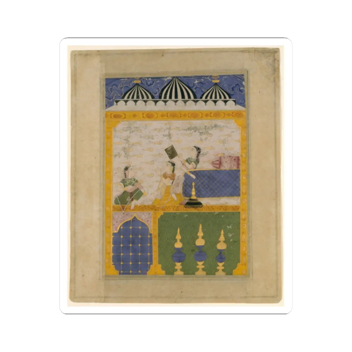 Gouache miniature of three women on a palace terrace under striped domes, with a blue lattice railing.