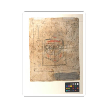 Ink sketch on aged paper of a central shield ornament flanked by symmetrical mask and bell motifs, with red wash.