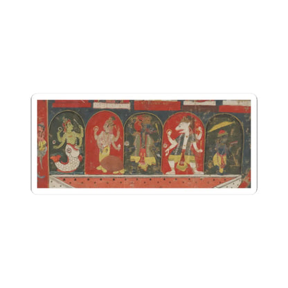 Devotional painting detail of five deities in arched niches, one with a fish tail, against red and dark green.